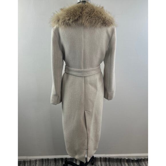 ZARA Long Wool Beige Coat Lined Knit Pockets Faux Fur Neck Back Slit Sz Medium M - Picture 6 of 12